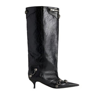 Women's Metal Studs Mid Calf Booties Pointy Toe Low Heels Short <b>Boots</b> Dress Stiletto on Top Wide Shoes - Product Image 4