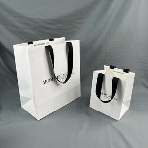 Custom White Paper Shopping Bags with <b>Black</b> Logo Print - Luxury Matte Paper Bags with <b>Black</b> Ribbon Handles for Party - Product Image 5