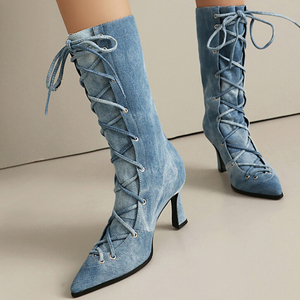 Bottines courtes tendance en jean à lacets sur le devant, taille 48, talons bas, mi-mollet, pour femmes, bout pointu, coupe large, chaussures en jean - Product Image 1