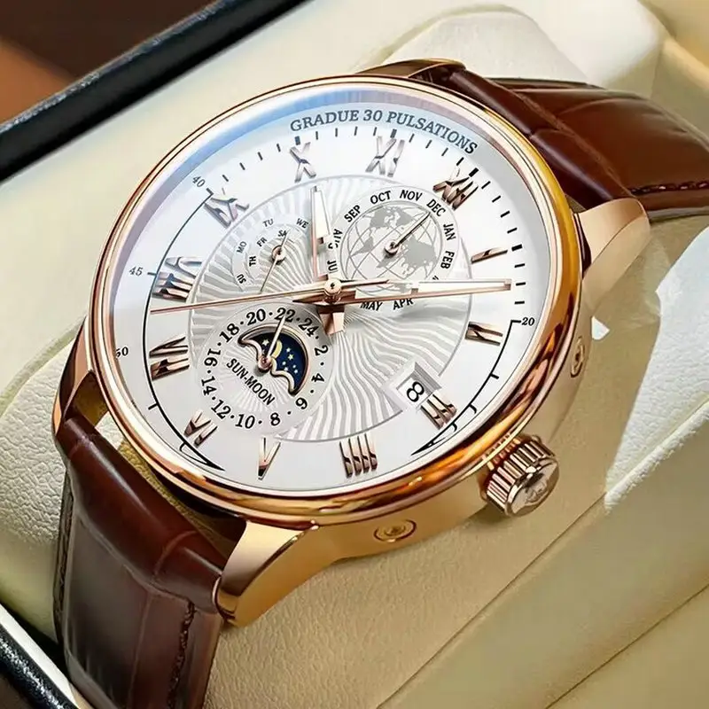 Clock Chronograph Sport Date Quartz Men Watches Luxury Leather Bands Mens Waterproof Wrist Watch For Men Valentine's Day Gift