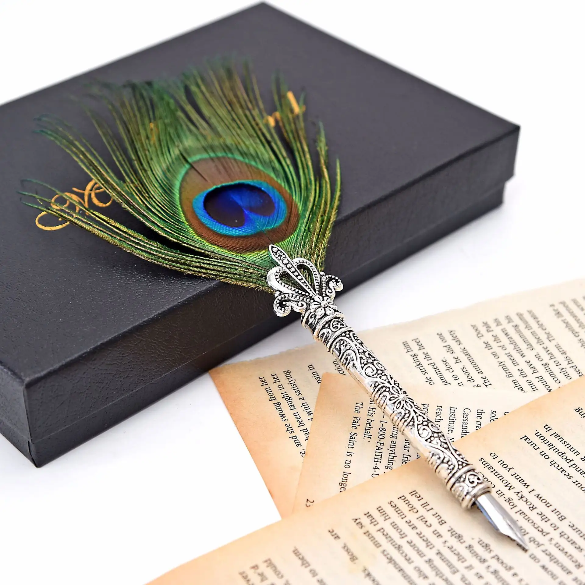 Cổ Điển Bút Lông Ngỗng Peacock Feather Đài Phun Nước Pen Set Kim Loại Bút Tùy Chỉnh Chữ Ký Đám Cưới Bút Mực