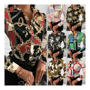 Elegant Chain Print Ladies Blouses Office Women's Casual Long Sleeve Button Tops Turn-Down Collar Summer Cropped Logo Decals
