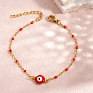 Handmade Popularity Simple Stainless Steel Turkey Red/Black Beads Thin Chain Bangles 18k Gold Plated Eye Bracelet