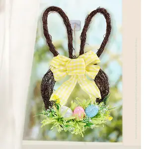 Easter Rabbit Head Shape Natural Rattan Berry Colorful Egg Door Hanging Decoration Outdoor