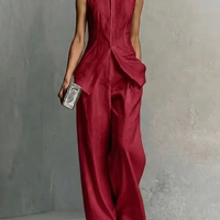 Ensemble deux pièces pour femmes, haut sans manches à la mode décontractée d'été, coupe ajustée, couleur unie + pantalon large