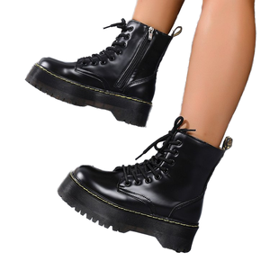 Botas de Invierno para Mujer, Estilo Western, Punta Abierta, PU, Tobillo Alto, Suela Gruesa, Ligeras, Clásicas, Punk, con Cordones, Venta Directa de Fábrica - Product Image 1