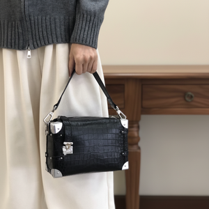 Black Crocodile Leather <b>Square</b> Handbag With Lock Closure Handles Classic Style Women's Daily Use Bag - Product Image 6