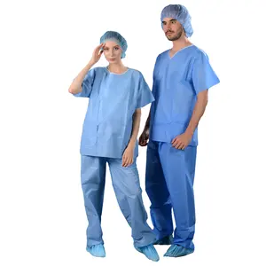 医院和诊所用热蓝色一次性医院磨砂套装PP材料制服睡衣