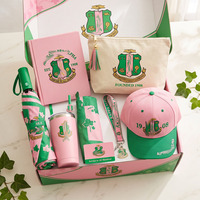 Lot de 5 pièces en gros : Gobelet, Casquette, Parapluie, Carnet et Lanière Sororité, avec lettres grecques 1908, rose et vert