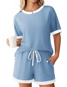 Conjunto de Pantalones de Punto Acanalado con Bloques de Color para Mujer, Estilo Lounge, Manga Corta, Ropa de Verano, con Logotipo Bordado - Product Image 5