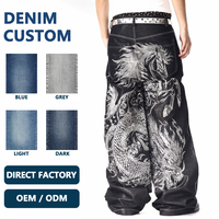 Jean en denim noir délavé, personnalisable OEM/ODM, directement du fabricant, avec imprimé cheval blanc et dos de dragon, surpiqûres contrastées pour homme