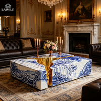 Ensemble de tables basses de luxe bleu et blanc avec peinture effet craquelé doré, table centrale artistique pour salon, villa, décoration, mobilier