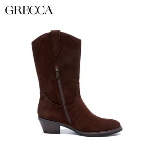 מגפי קאובוי חומים לנשים, סגירת רוכסן, גזרה גבוהה, לוגו מותאם אישית, עור אמיתי, נגד החלקה, נוחות, עקב עבה 5 ס\"מ, סתיו - Product Image 6