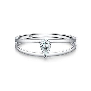 S925 Sterling Silver <b>Dainty</b> Double Layer Twisted Band <b>Ring</b> with Pear Cut CZ Stone, Minimalist Stackable Promise <b>Ring</b> for Women - Product Image 1