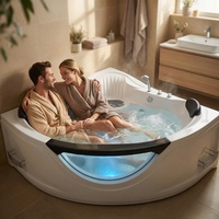 Baignoire d'angle à remous de 59 pouces pour 2 personnes, baignoire spa avec 6 jets de hydromassage, éclairage LED chromothérapie et système d'ajustement pneumatique