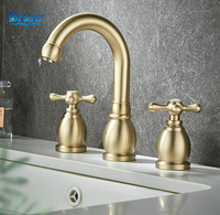 Robinet de lavabo double poignée en laiton massif brossé or, 3 trous, eau chaude et froide, style européen, pour lavabo de salle de bain