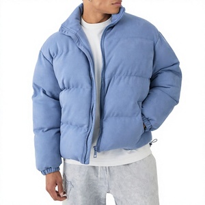 Blouson matelassé bleu clair pour homme, col montant, fermeture éclair, coupe-vent, décontracté, hiver, en polyester, rembourrage en duvet, coupe droite, devant - Product Image 1