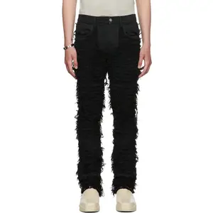 Distressing & Frayed Detailing Throughout Stretch Black Denim Jeans For Men's