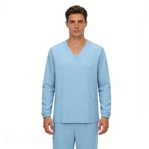 Men's <b>Scrub</b> Suit Long Sleeve V Neck Split Set Moisture Wicking Hospital Uniform <b>Blue</b> Medical Workwear - Product Image 5