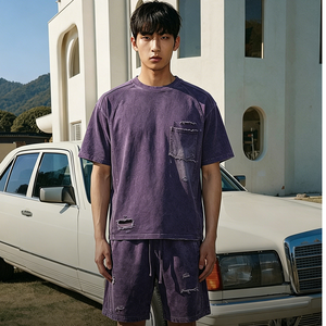 Men Pure Cotton Snow Wash Vintage Raw Edge <b>Patchwork</b> 2Pcs Set Breathable Soft Casual Short Sleeve T <b>Shirt</b> Shorts Outfit OEM - Product Image 2