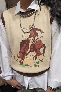 Wholesale <strong>Women</strong> Vintage Western Cowgirl Rider Print Knit Vest Crew Neck Loose Sleeveless Casual Knit Waistcoat Autumn Outerwear - Product Image 6