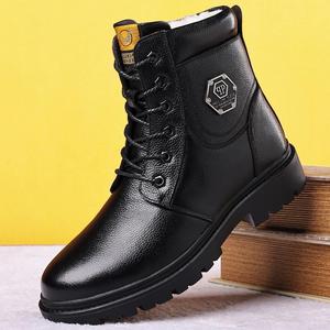 Bottes Martin pour homme, bout rond, en cuir, avec doublure en fourrure, semelle en caoutchouc isolante, bottes de travail tendance - Product Image 1