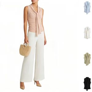 Blusa Casual Adelgazante para Mujer, Top de Punto sin Mangas con Tirantes de Lazo y Detalle Arrugado, Estilo Femenino - Product Image 1