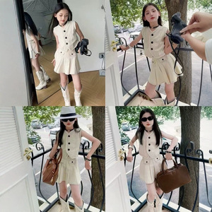 Nuovo Set di <span class=keywords><strong>abbigliamento</strong></span> da ragazza senza maniche gilet Top + gonna tinta unita completo da bambina - Product Image 6