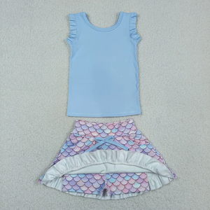 Nouvel Arrivage Vente Chaude Usine Vêtements Enfants Filles Bébés Enfants Ensemble Yoga Actif Haut Rayé Bleu Short Jupe - Product Image 4
