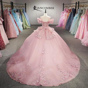 Robe de bal Quinceañera élégante en mousseline rose poudré Dy1515 avec appliques florales 3D, perles scintillantes naturelles et décolleté en cœur - Product Image 6