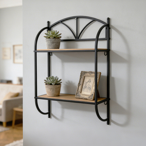 Étagère <span class=keywords><strong>murale</strong></span> double arquée en métal et bois faite à la main pour salle de bain, <span class=keywords><strong>cuisine</strong></span>, salon - Étagères murales décoratives superposées modernes et écologiques - Product Image 1