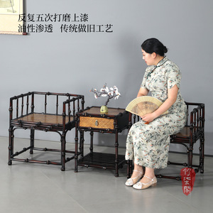 Bamboo Tea Table Set 4 Piece Lacquered Bamboo Chinese Style With Drawer Storage For Tea Brewing - Product Image 4