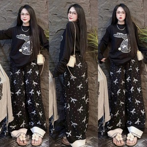 Conjunto Casual de Dos Piezas para Mujer, Top de Manga Larga con Estampado de Conejito y Pantalones Anchos con Estampado de Lazo, Ropa de Estar por Casa para Damas - Product Image 4
