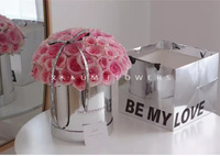 Seau à fleurs rond en carton laminé argenté, deux pièces, effet miroir brillant, pour l'insertion de fleurs fraîches de Jinhua, vente en gros