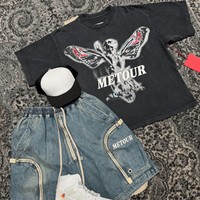 Ensemble T-shirt et short en jean déchiré pour homme, style streetwear vintage, respirant, imprimé numérique DTG, avec strass thermocollés