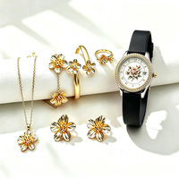 Set Jam Tangan Wanita 6 in 1 Set Perhiasan Bunga Jam Tangan Quartz 30mm Bulat Kalender Tali Silikon Casing Alloy Grosir
