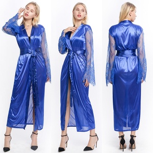 2024 Women Fashion Robe Set Long Lace Sleeve Belted <strong>Maxi</strong> <strong>Nightdress</strong> +Thongs Set Lady Satin Sleepwear Sexy Lingerie Bathrobe - Product Image 1