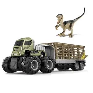 Grosir dino truk mainan-RTS Mainan Truk Pembawa Velociraptor, Mainan Truk Trailer Hewan Dino Velociraptor 4wd