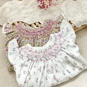 100%Cotton Boutique kids Dresses Vintage Children Girls Hand Made Embroidery Floral Smocked Dress