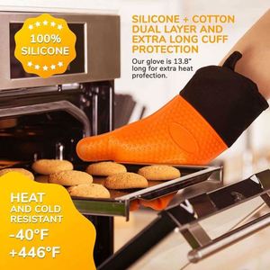 BBQ Silicone <b>Gloves</b> 15'' Extra <b>Long</b> Heat Resistant Grilling Cooking Pot Holders Silicone Mitts with Quilted Cotton Lining - Product Image 2