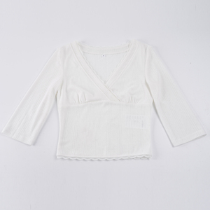 Camiseta de manga corta con cuello en V y encaje para mujer, estilo Y2K, ajustada, jacquard sólido, top corto sexy, venta al por mayor de verano - Product Image 6