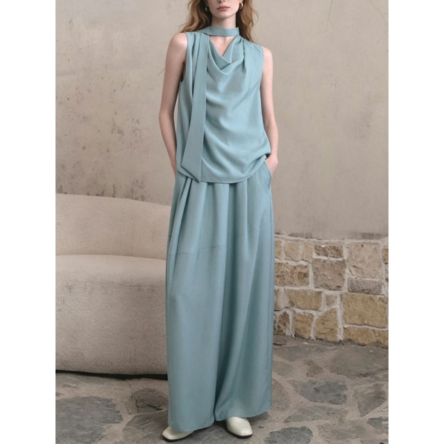 Women's 2 Piece Set 2026 Summer Sleeveless Draped Neck Halter Top Maxi Skirt Elegant Casual Matching Set for Women