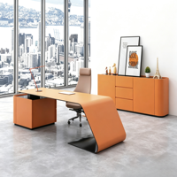 Bureau de direction moderne en forme de L, couleur orange, avec table incurvée pour cadre administratif, mobilier de bureau avec grand rangement