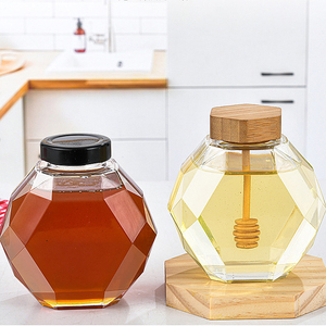 Honey Jar Glass Jar Honeycomb Shape Hexagonal Glass Botol Madu Storage Pot Cruet Mini Honey Bottle Jar With Wooden Dipper And Bamboo Lid