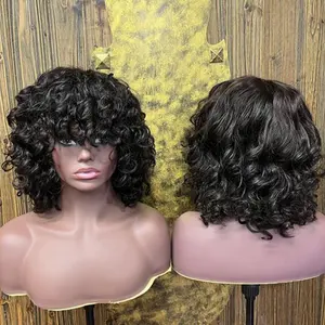 Perruque Bob courte rouge avec frange, cheveux remy bouclés, 14 pouces, vente en gros, pour femmes noires