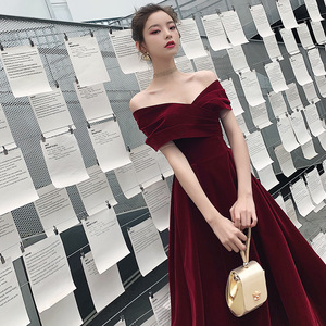 <b>Wine</b> Red Off Shoulder <b>Velvet</b> Evening <b>Dress</b> A Line Empire Waistline For Wedding Engagement - Product Image 4