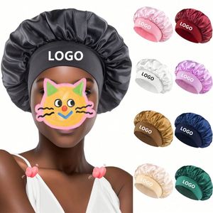 Gorro de Dormir de Seda para Mujer, Color Negro, para Cabello Rizado y Trenzado, Gorro de Satén Grande con Banda Ancha - Product Image 1