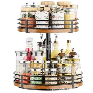 Wooden Double Layer Kitchen <b>Spice</b> <b>Rack</b> Iron Wood <b>Rotating</b> Storage Organizer Countertop <b>Spices</b> Container 2 Tier Round - Product Image 1