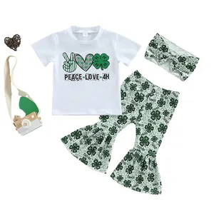 2024 Groene Klaver Vierpas Korte Mouw Shirt Boven Bel Onderkant Flare Broek Hoofdband 3 Stuks St Patrick 'S Day Baby Meisje Kleding Set