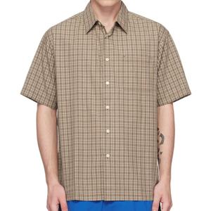 Tendency Spread Collar Oversize Short Sleeve Shirts 100% Cotton Poplin Blue & Khaki Plaid Shirt for Men's - Product Image 1